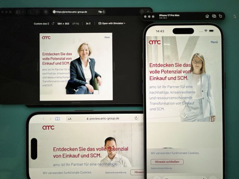 Die Seite gleichzeitig im Simulator, auf einem iPhone und in einer schmalen Browseransicht