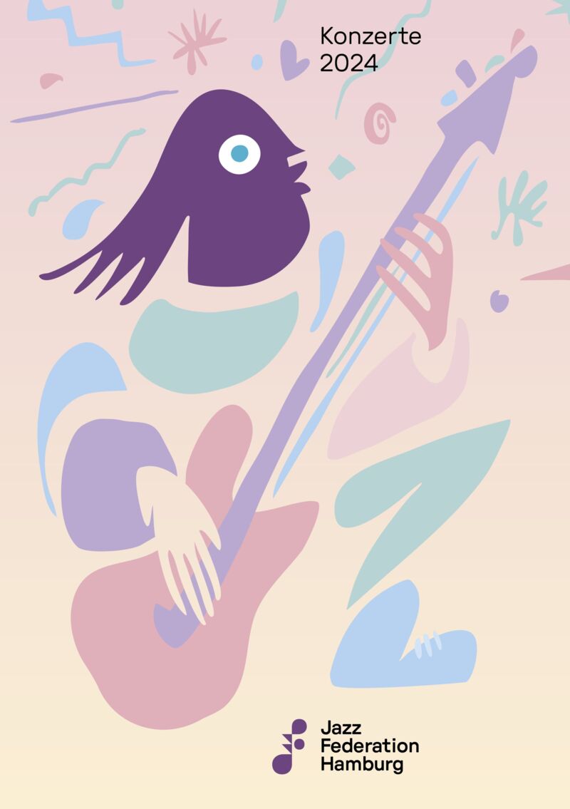 Programmcover Konzerte 2024 — illustrierte Figur mit Vogelkopf am Kontrabass in Pastelltönen