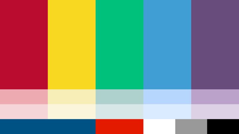 Farbtafel: fünf Grundfarben in Rot, Gelb, Grün, Blau und Violett als hohe Spalten, darunter zwei Reihen mit ihren Aufhellungen und eine Reihe Dunkelblau, Rot, Weiß, Grau und Schwarz
