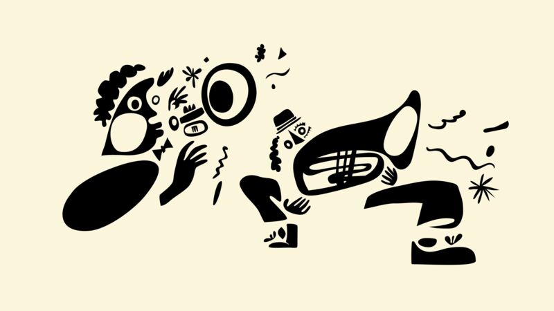 Illustrierte Figuren aus abstrakten Formen — ein Gesicht, ein Hut und ein Tuba-Spieler in Schwarz auf cremefarbenem Grund