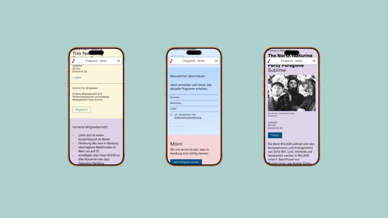 Drei iPhone-Screens vor mintgrünem Grund: Konzertdetail, Newsletter-Anmeldung und Mitgliedschaft