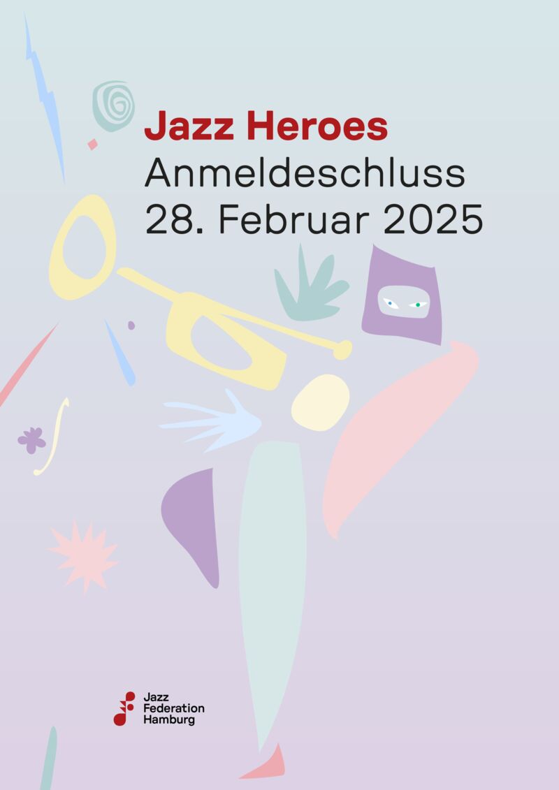 Eine abstrakte Illustration eines trompetenden Figur mit Maske in Pastelltönen bewirbt die Reihe Jazz Heroes