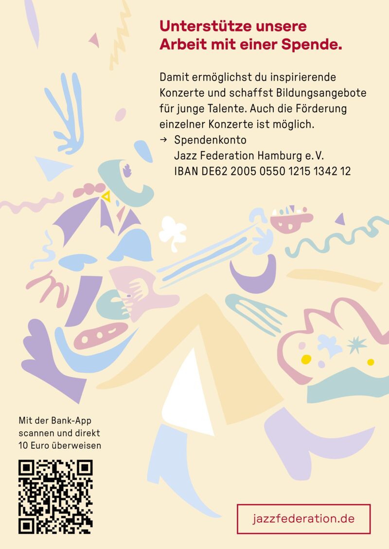 Spendenflyer mit collagierter Illustration, Spendenkonto und QR-Code