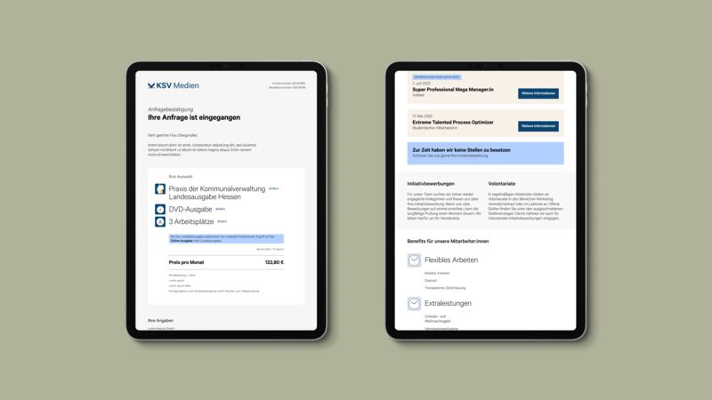 Zwei Tablets: eine Anfragebestätigung mit der gewählten Ausgabe, Medienart und Zahl der Arbeitsplätze samt Monatspreis, und die Karriereseite mit zwei Stellenanzeigen, einem Hinweis auf Initiativbewerbungen und den Benefits für Mitarbeitende.