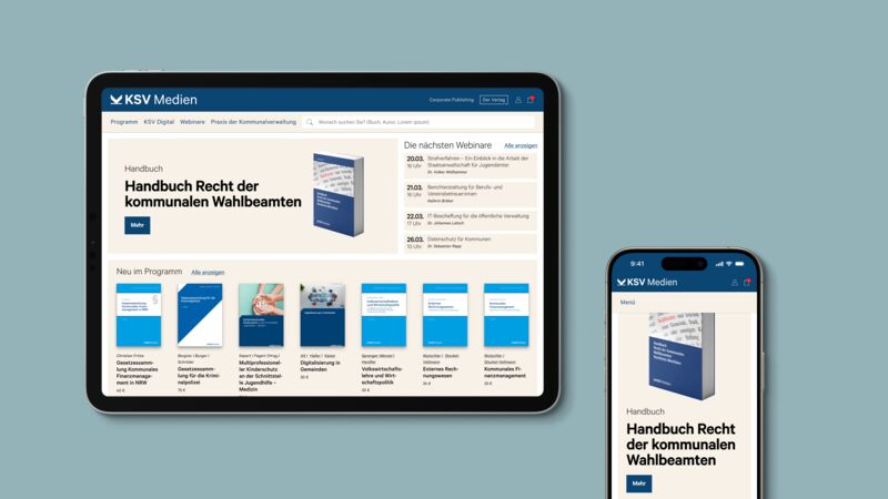 Die Startseite von KSV Medien auf Tablet und Smartphone: ein Handbuch zum Recht der kommunalen Wahlbeamten als Aufmacher, eine Spalte mit den nächsten Webinaren samt Terminen und Referent*innen, darunter eine Reihe von Publikationscovern.