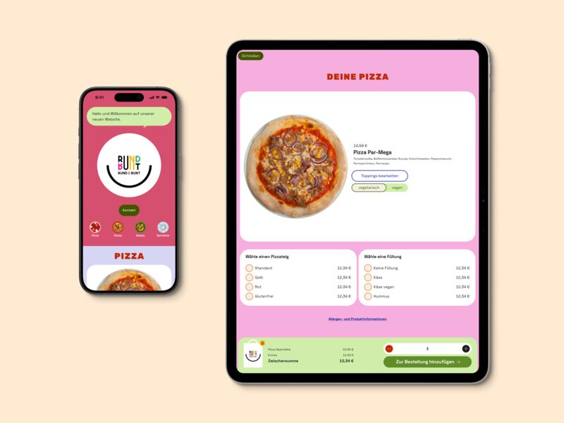 Ein iPhone und ein iPad zeigen unterschiedliche App-Screens des Rund-und-Bunt-Shops: Das iPhone zeigt die Startseite mit Logo, Begrüßung und Kategorie-Icons. Das iPad zeigt die Artikelseite einer Pizza mit Auswahl von Boden und Belag.