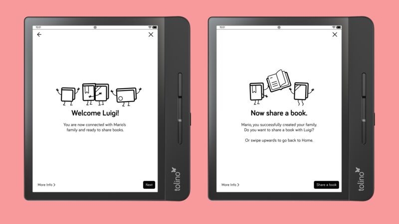 Zwei E-Reader nebeneinander auf Korallrot: „Welcome Luigi!“ bestätigt die Verbindung mit Marios Familie, „Now share a book.“ bietet an, das erste Buch zu teilen.