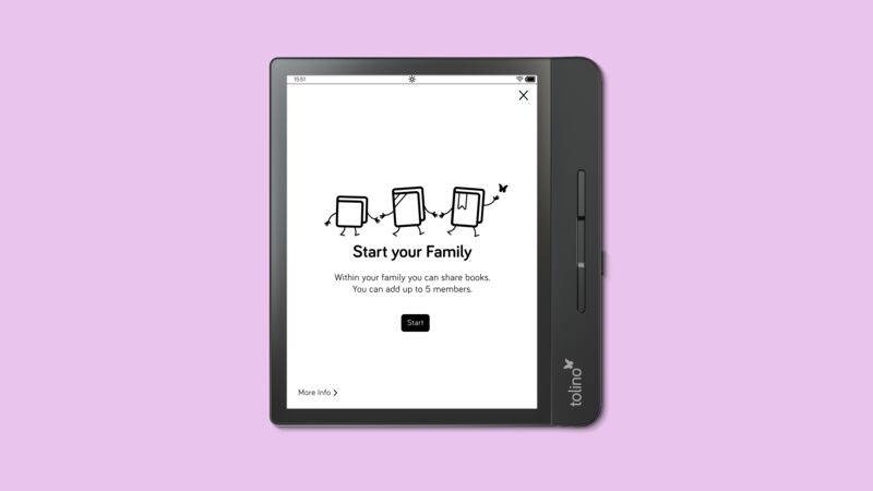 Ein tolino E-Reader auf dessen Bildschirm der Willkommensbildschirm des Feautures tolino family sharing zu sehen ist mit dem Button Start.