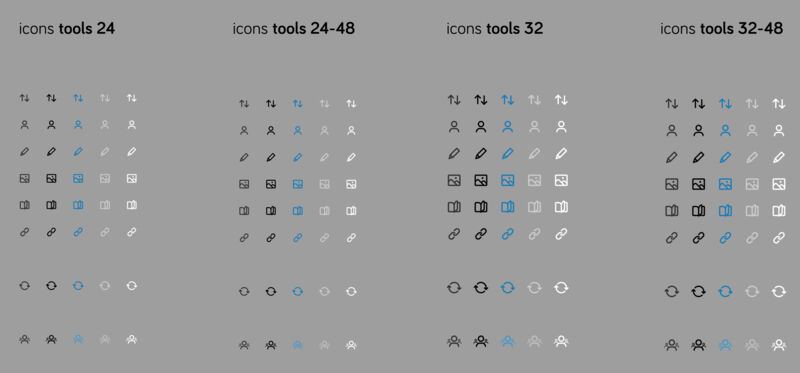 Das Icon-Set in 24, 32 und 48 Pixeln, jede Größe in fünf Ausprägungen – Dunkelgrau, Schwarz, Blau, Hellgrau und Weiß – mit Sortieren, Konto, Bearbeiten, Bild, Buch, Link, Synchronisieren und dem Familien-Symbol.