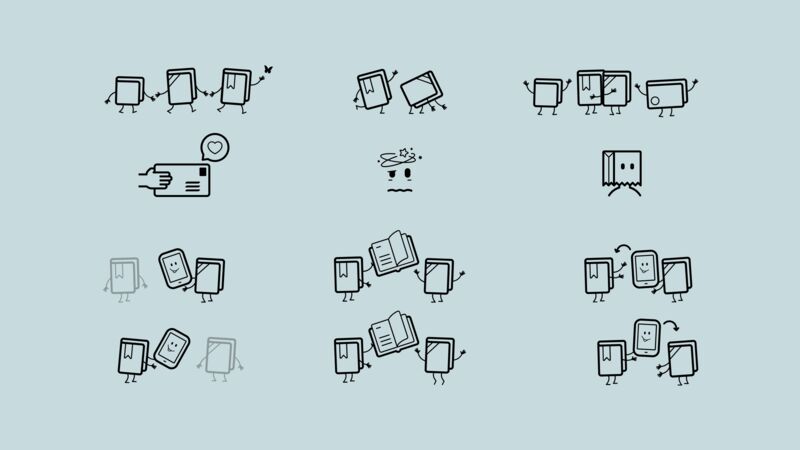 Das Illustrationsset auf hellem Blau: Bücher und Tablets als Strichfiguren mit Armen und Beinen – in einer Reihe laufend, sich begrüßend, ein aufgeschlagenes Buch weiterreichend, dazu eine Hand, die einen Brief mit Herz einwirft, ein benommenes Gesicht und ein eingerissenes Lesezeichen für die Fehlerzustände.
